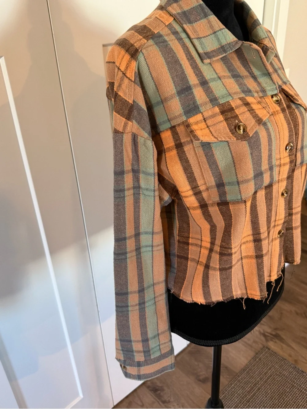 Plaid Cropped Shacket in Orange, Turquoise and Brown